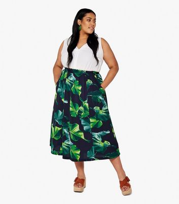 Apricot Curves Navy Banana Leaf Midi Skirt New Look
