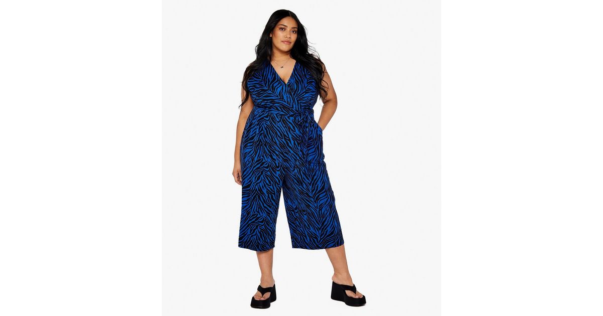 Apricot Curves Blue Zebra Print Wide Leg Cropped Jumpsuit New Look