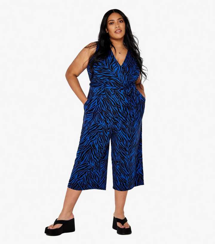 Apricot Curves Blue Zebra Print Wide Leg Cropped Jumpsuit