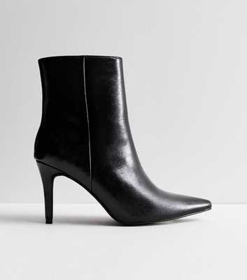 Black Leather-Look Stiletto Heel Ankle Boots