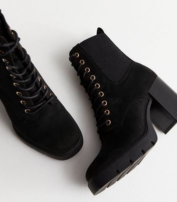 Wide fit black suedette block heel sale chunky boots