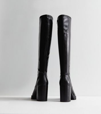 Wide Fit Black Leather-Look Heeled Knee High Boots New Look