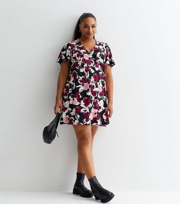 Curves Black Floral Wrap Mini Dress New Look