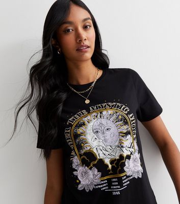 Black Cotton Mystic Moon Logo T-Shirt | New Look