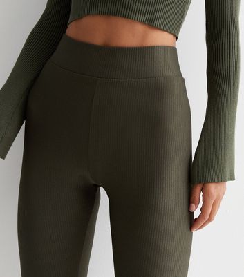 Khaki Ribbed Jersey Leggings New Look