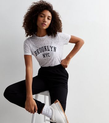 White Burnout Brooklyn Logo T-Shirt New Look