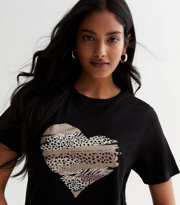 Black Cotton Metallic Animal Print Heart Logo T Shirt New Look