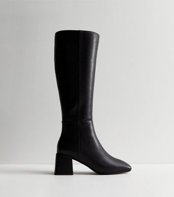 Black Leather-Look Block Heel Knee High Boots New Look