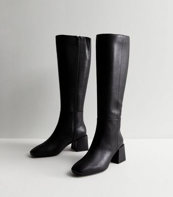 Black leather knee high low hot sale heel boots