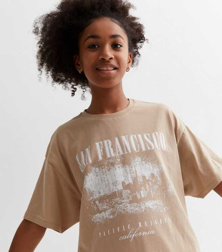 Girls Camel Cotton San Francisco Logo Oversized T-Shirt