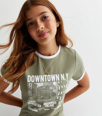 Girls Olive Downtown NY Logo T-Shirt New Look
