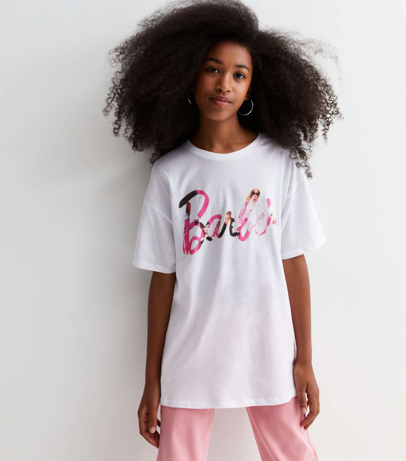 Girls White Cotton Barbie Logo Long Oversized T-Shirt