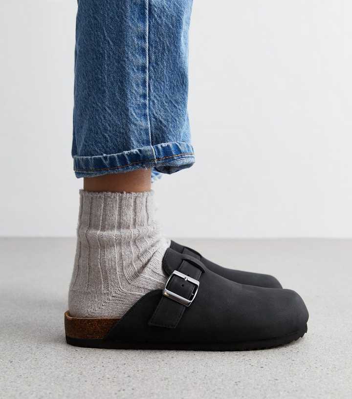 Truffle Black Buckle Footbed Mule Slippers