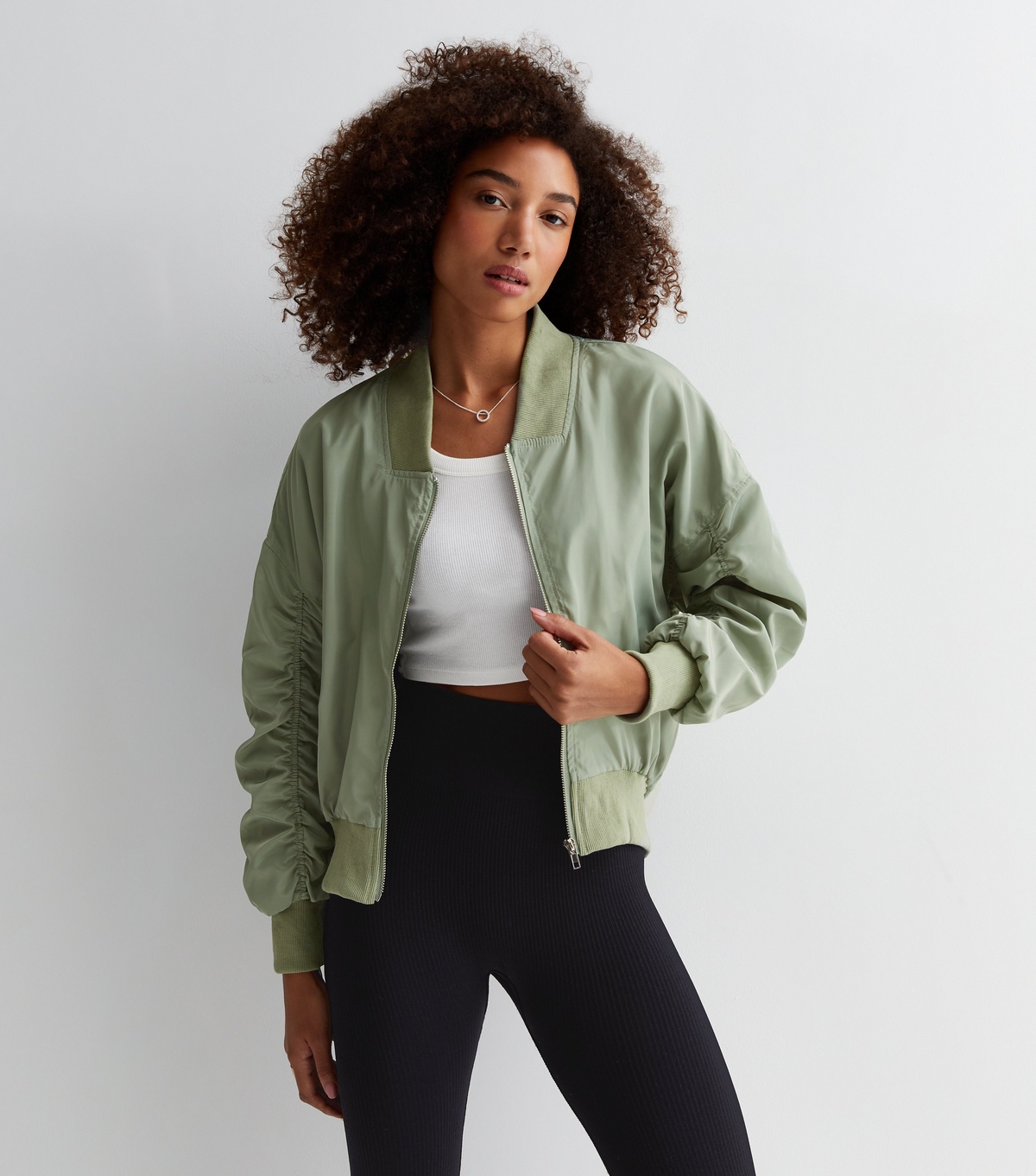 Women's Light Green Ruched Sleeve Oversized Bomber Jacket Cameo Rose New Look