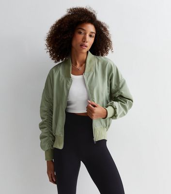 Cameo Rose Light Green Ruched Sleeve Oversized Bomber Jacket New Look