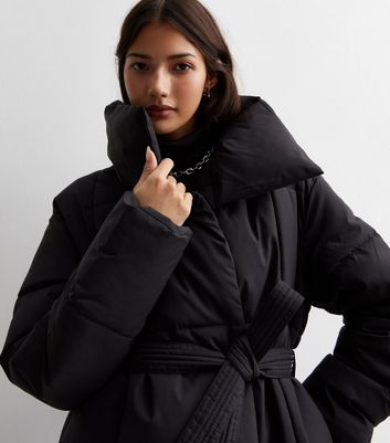 Black wrap puffer jacket on sale