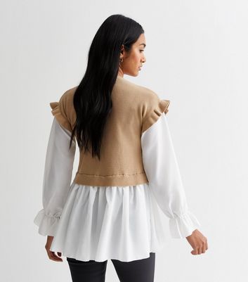 Cameo Rose Camel 2-in-1 Knit Frill Shirt New Look