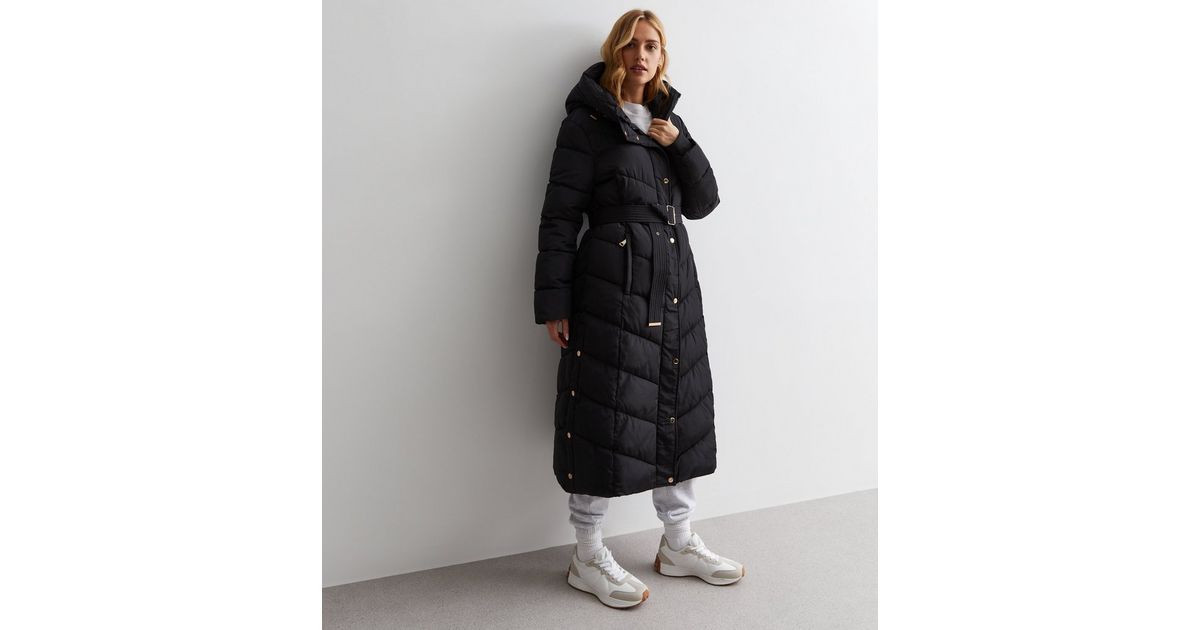 Cameo Rose Black Quilted Longline Puffer Coat New Look