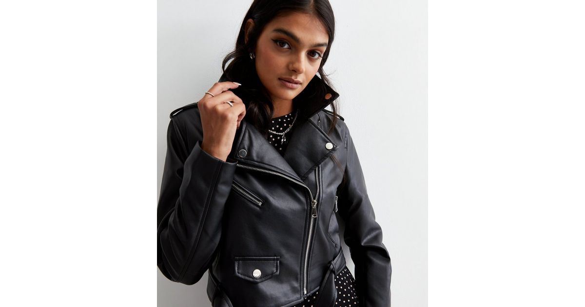 Cameo Rose Black Leather Look Belted Cropped Biker Jacket New Look 