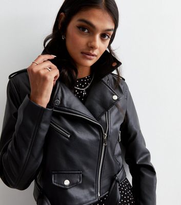 Cameo Rose Black Leather Look Belted Cropped Biker Jacket New Look