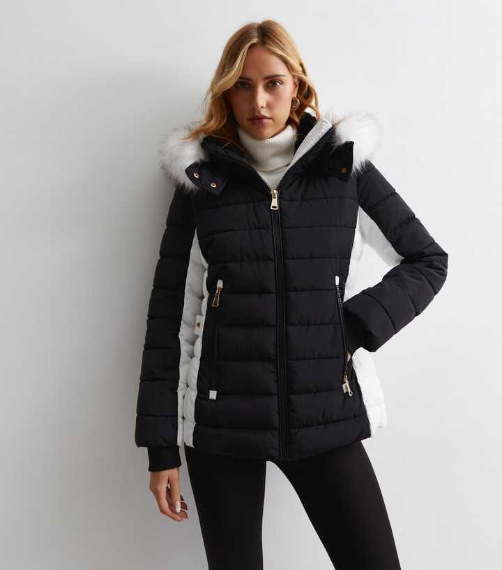 Cameo Rose Black Colour Block Belted Puffer Coat