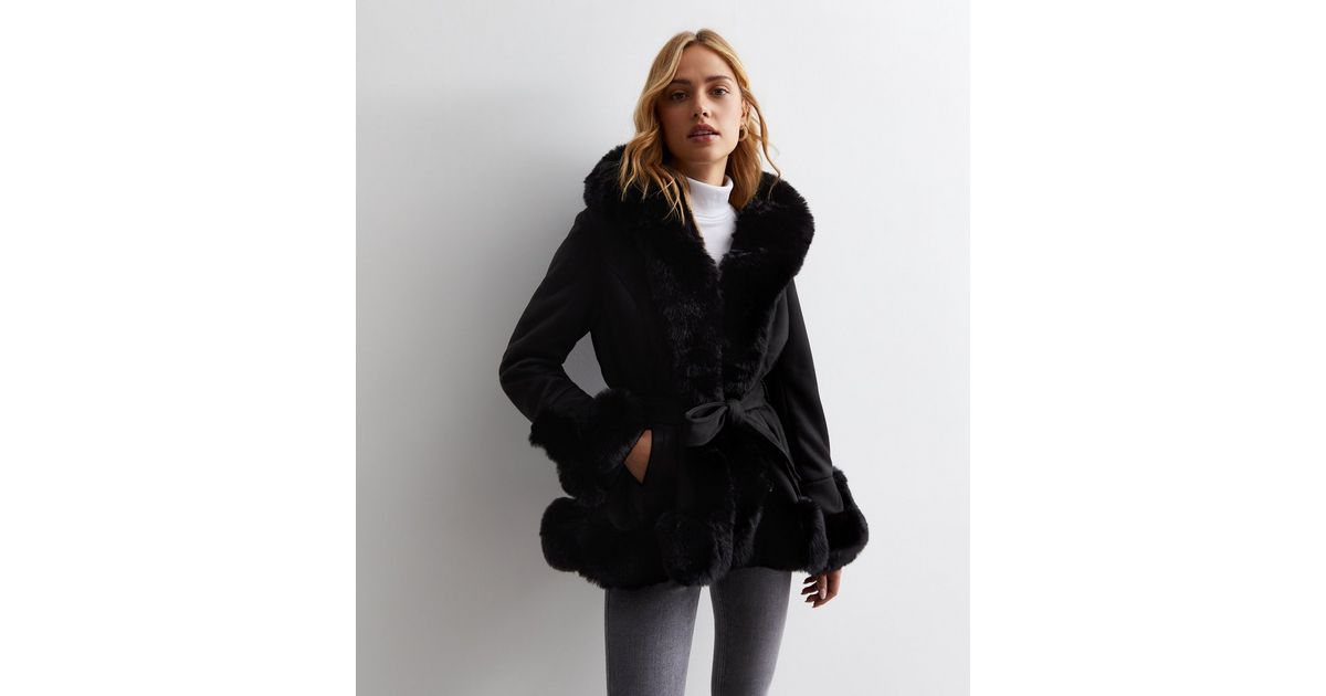 Cameo Rose Black Suedette Faux Fur Trim Wrap Coat | New Look