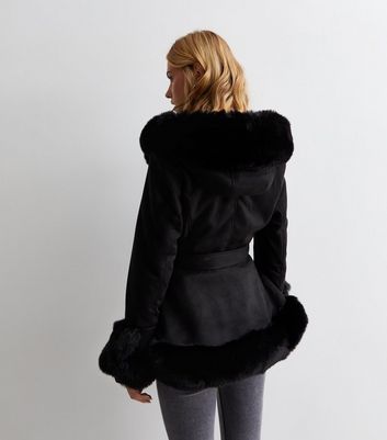 Cameo Rose Black Suedette Faux Fur Trim Wrap Coat New Look