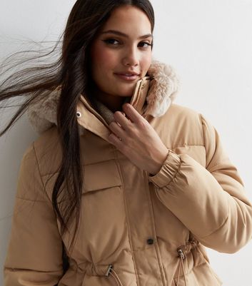 Cameo Rose Camel Faux Fur Hood Puffer Coat
