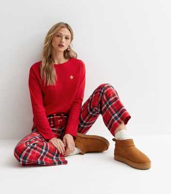 Red Trouser Pyjama Set with Check Print