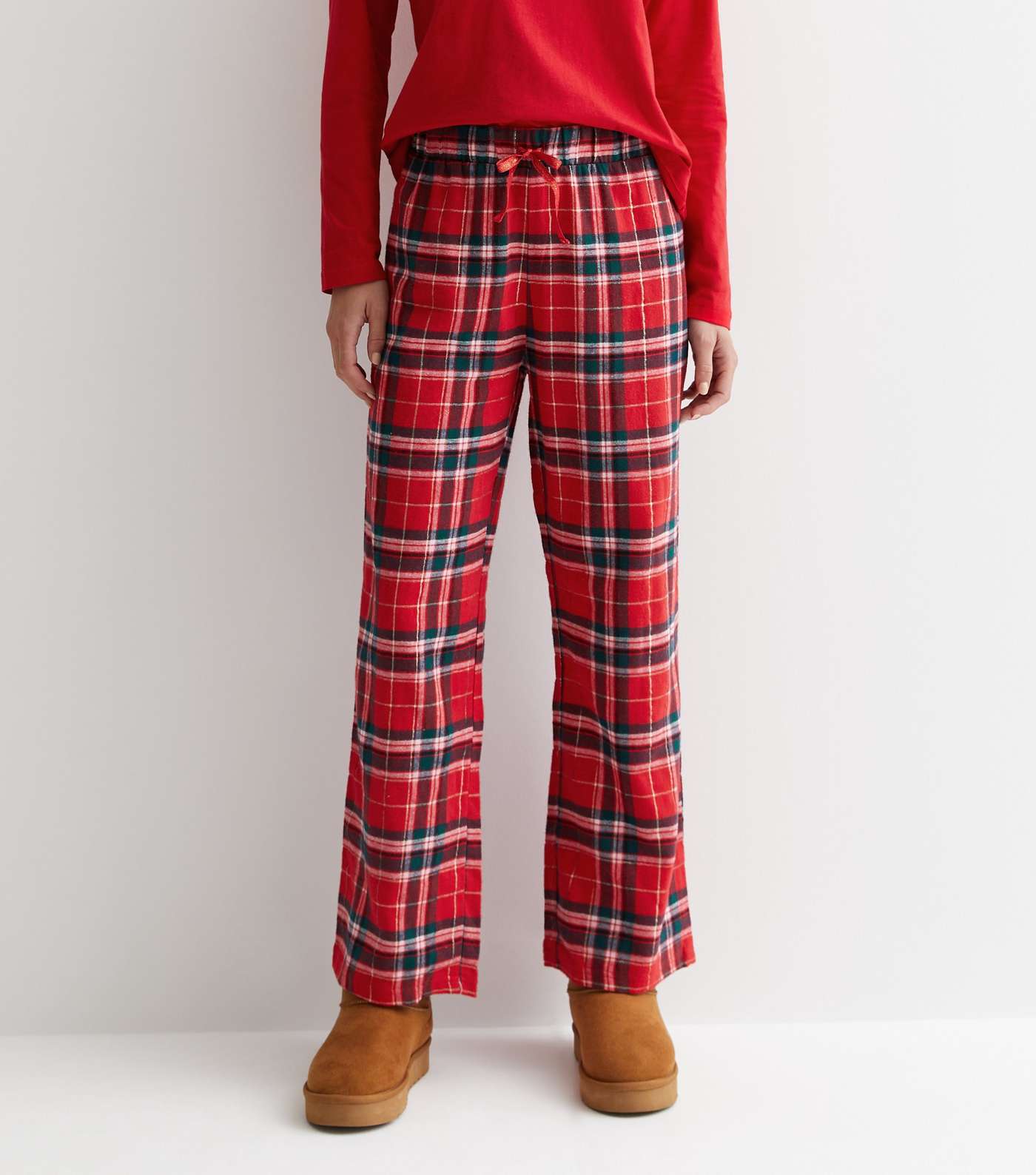 Red Trouser Pyjama Set with Check Print Image 3