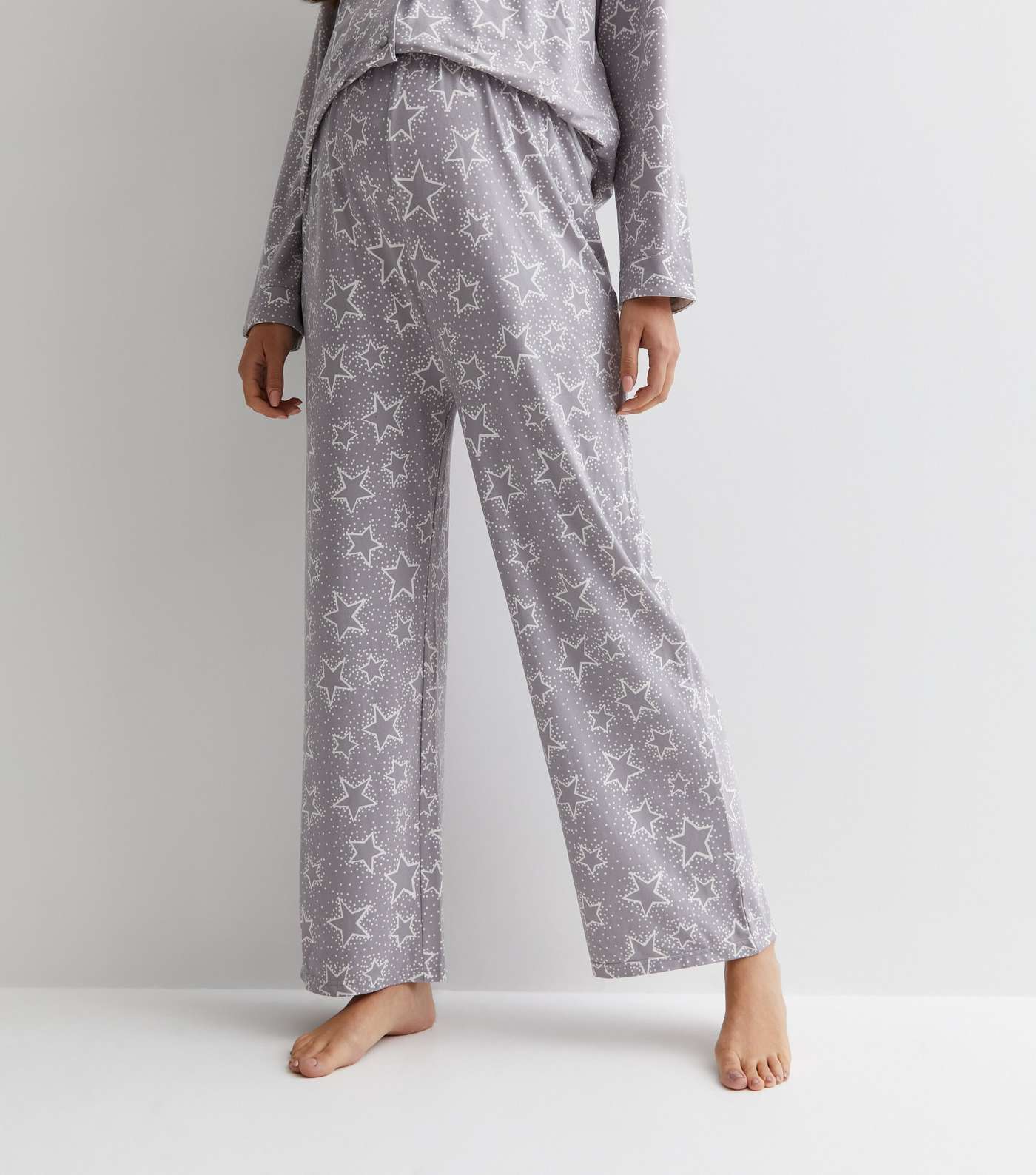 Maternity Light Grey Revere Trouser Pyjama Set with Star Print Image 2