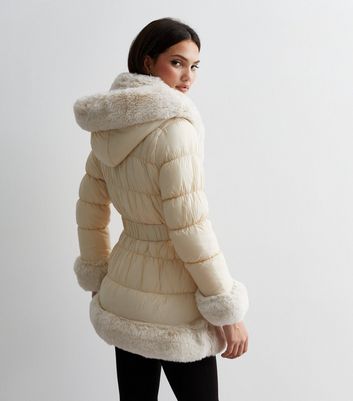 Cameo Rose Off White Faux Fur Trim Belted Puffer Coat New Look