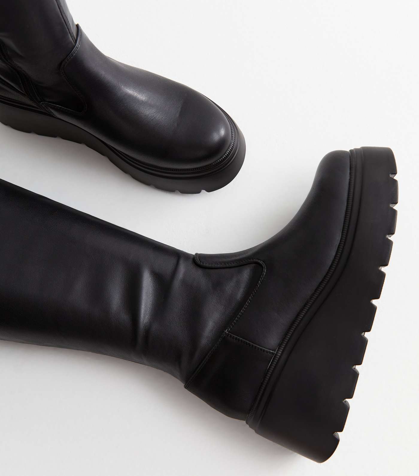 Black Leather-Look Stretch Wedge Heel High Leg Boots Image 3