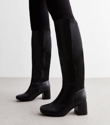 Wide Fit Black Leather-Look Stretch Block Heel Knee High Boots New Look