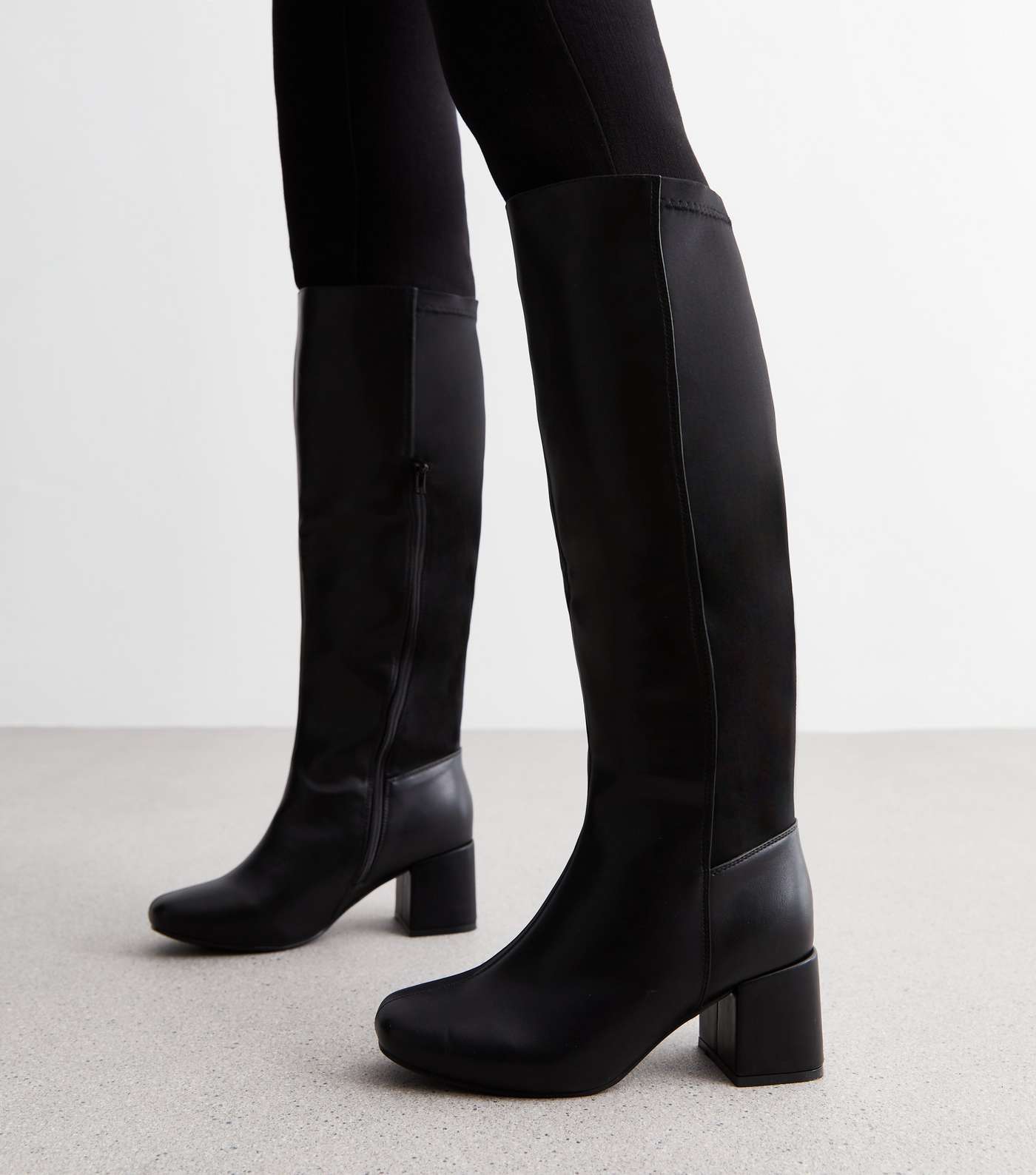 Wide Fit Black Leather-Look Stretch Block Heel Knee High Boots Image 2