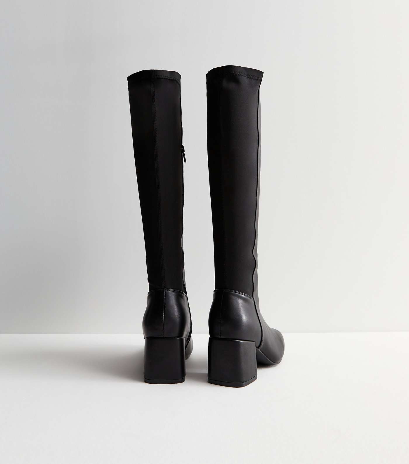 Wide Fit Black Leather-Look Stretch Block Heel Knee High Boots Image 4
