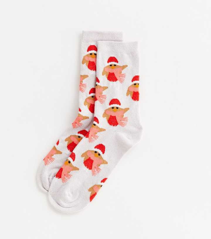Pink Glitter Christmas Robin Socks