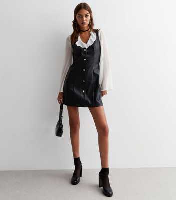 Black Leather-Look Mini Pinafore Dress