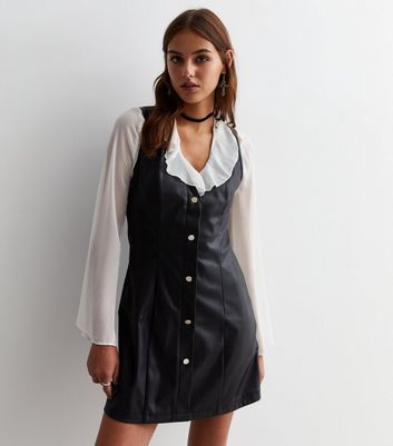 Black Leather Look Mini Pinafore Dress New Look