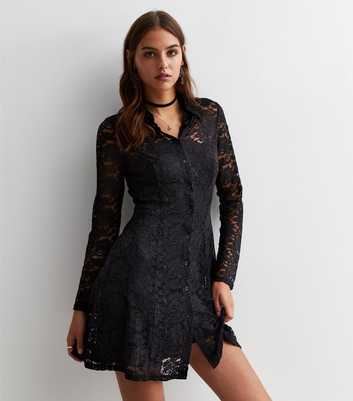 Black Lace Mini Shirt Dress