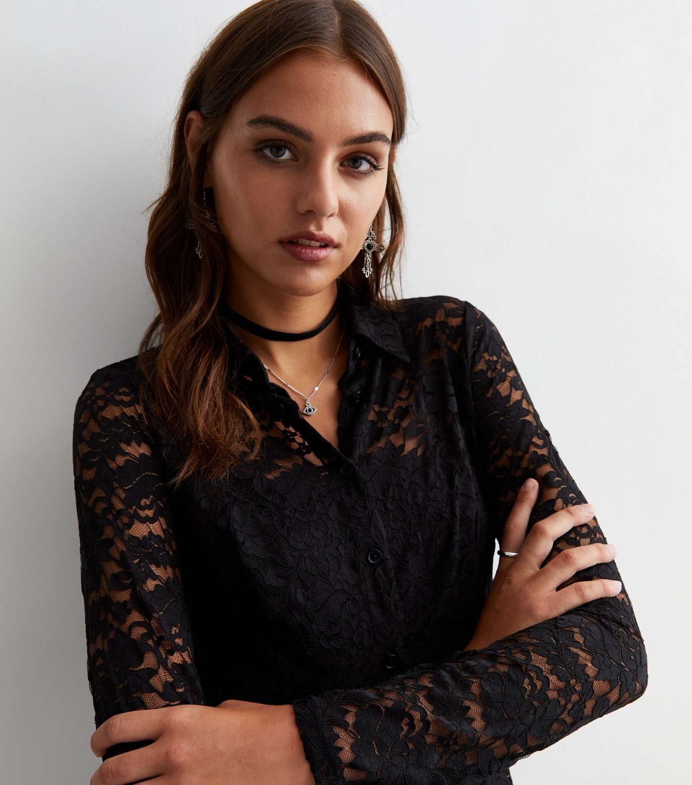 Black Lace Mini Shirt Dress Image 3