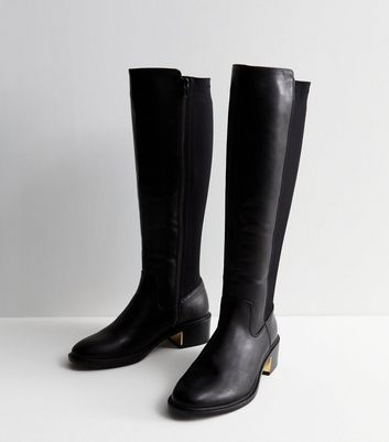 Black Leather-Look Knee High Metal Trim Riding Boots | New Look