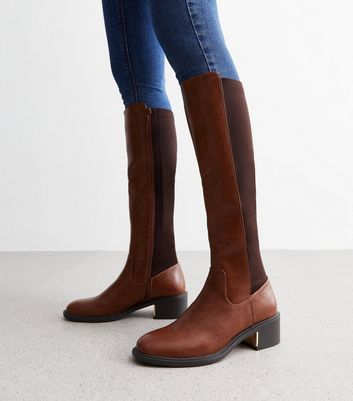 Tan Leather-Look Knee High Metal Trim Riding Boots New Look