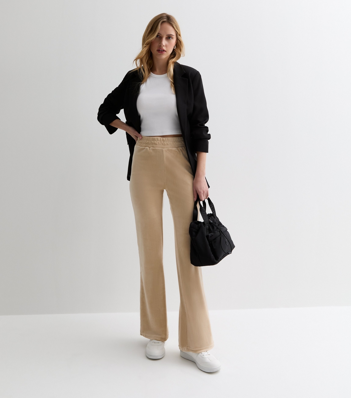 Women's Beige Velour Flare Joggers Pink Vanilla New Look
