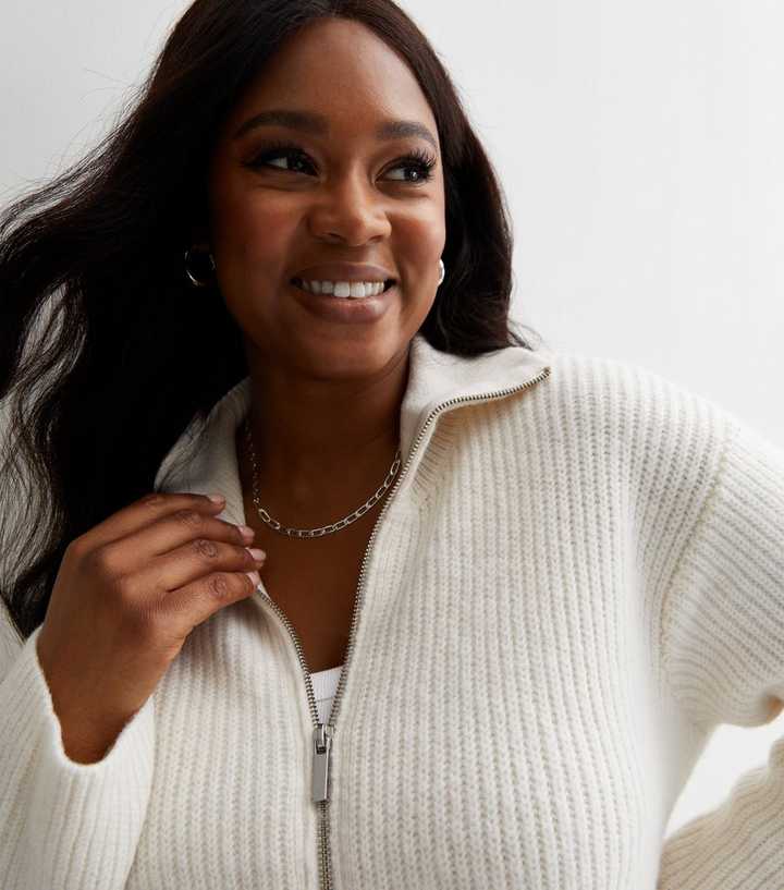 Curves Cream Ribbed Knit Zip Cardigan