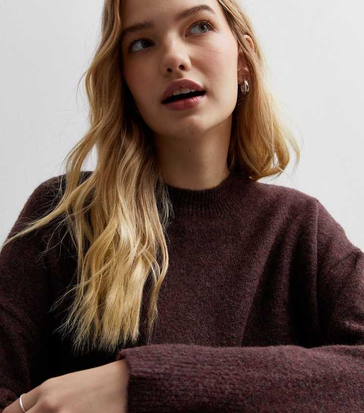 Burgundy Knit Crew Neck Oversized Jumper