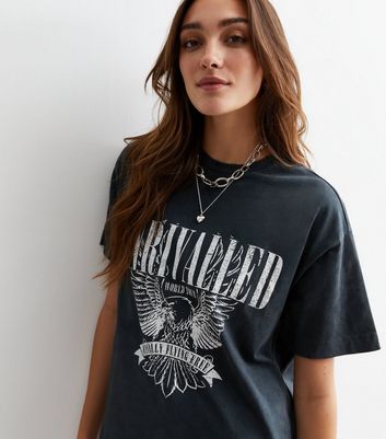 Dark Grey Acid Wash Cotton Eagle Oversized Logo T-Shirt | New Look