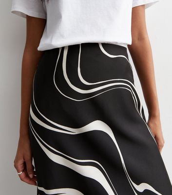 Black Swirl Satin Bias Cut Midi Skirt New Look