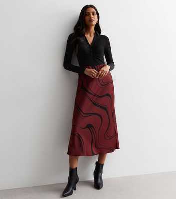 Red Swirl Satin Bias Cut Midaxi Skirt