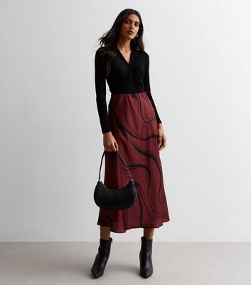 Red Swirl Satin Bias Cut Midaxi Skirt New Look